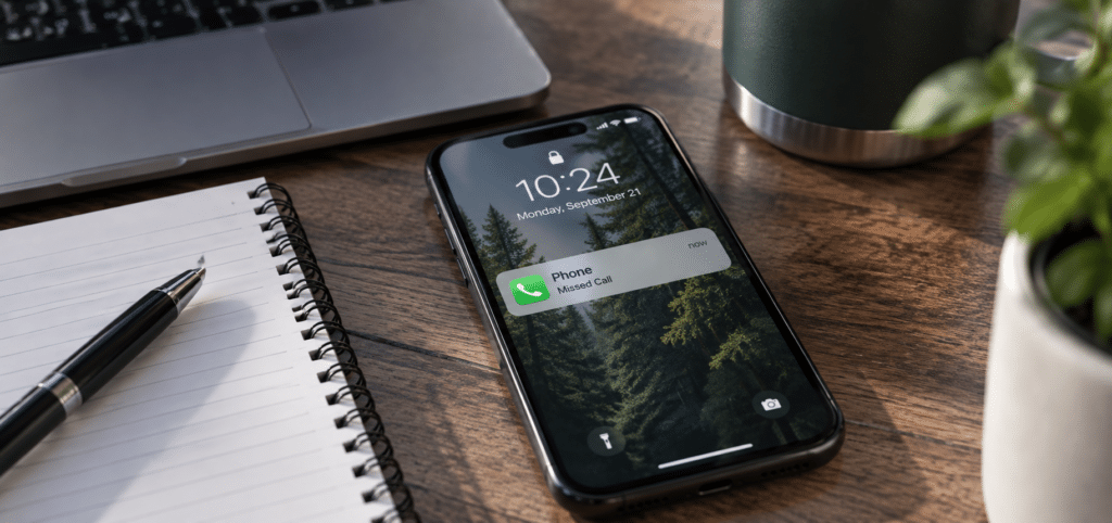Smartphone displaying a missed call notification beside a notebook and laptop on a wooden desk.