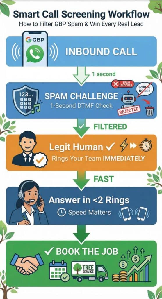 Spam Calls From Google Business Profile (GBP) Rise Dramatically Infographic showing how to screen out spam calls from GBP.