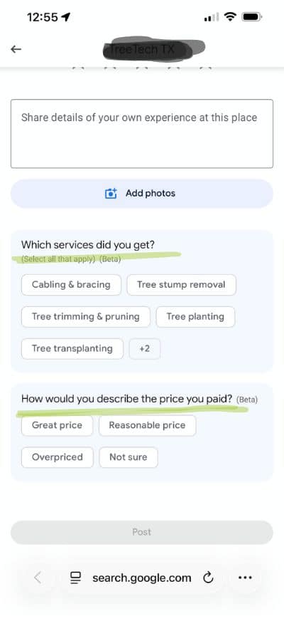 Screenshot of a Google Review request asking for the service received and price.