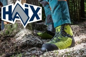Tree worker wearing HAIX boots with HAIX logo.