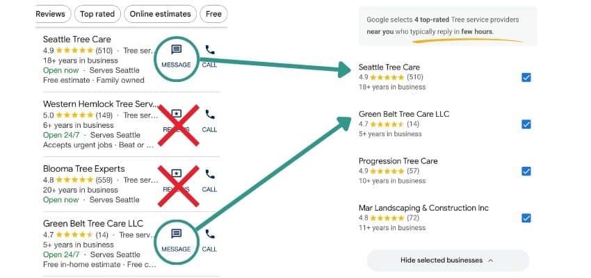 Google LSA's "Get Competitive Quotes": What Tree Service Companies Need to Know Google LSA's Get Competitive Quotes screenshots showing only companies with messaging enabled are recommended by Google.