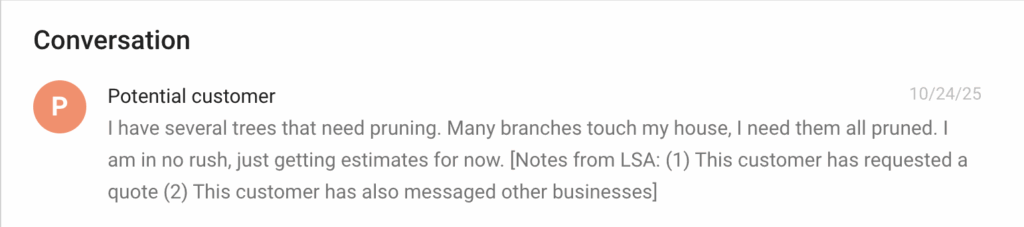 Google LSA's "Get Competitive Quotes": What Tree Service Companies Need to Know Screenshot of a message from a lead in LSA showing that they requested quotes from multiple tree service providers.