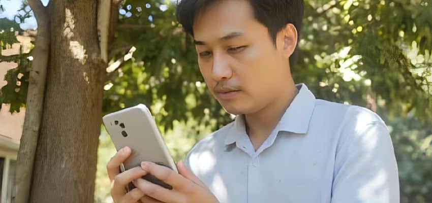 Man doing tree service research on his phone while standing in front of a damaged tree.