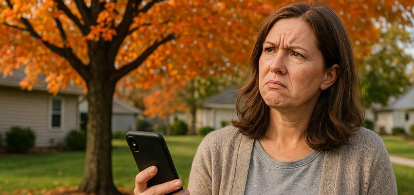 A confused-looking woman doing tree service research on her phone while looking at a tree in her front yard.
